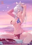  1girl american_flag_bikini armpits arms_behind_head arms_up asymmetrical_hair bangs bare_shoulders barefoot bikini blush breasts collarbone earrings fate/grand_order fate_(series) flag_print highres jewelry large_breasts long_hair looking_at_viewer miyamoto_musashi_(fate) miyamoto_musashi_(swimsuit_berserker)_(fate) mouth_hold navel nekomimipunks ocean pink_hair pink_sky ponytail purple_sky sitting solo surfboard swept_bangs swimsuit twilight tying_hair wet 