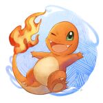  ;d charmander claws commentary_request fangs fire full_body gen_1_pokemon green_eyes hakumai_(hakumai_art) highres no_humans one_eye_closed open_mouth outstretched_arms pokemon pokemon_(creature) smile solo starter_pokemon tongue 