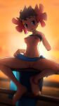  1girl 3d anklet bangs bare_arms barefoot blue_eyes blue_sarong blurry blush breasts breasts_outside brown_hair closed_mouth commentary commission depth_of_field elite_four eyelashes fence flashing flower greatm8 hair_flower hair_ornament hand_up highres jewelry looking_at_viewer navel nipples orange_sky outdoors phoebe_(pokemon) pink_flower pokemon pokemon_(game) pokemon_oras pussy sarong short_hair sitting sky smile solo spiked_hair spread_legs toes tongue tongue_out twilight uncensored 