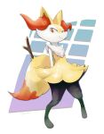  absurdres animal_ear_fluff arms_behind_back braixen closed_mouth commentary_request full_body furry gen_6_pokemon highres legs_apart looking_to_the_side orange_eyes pigeon-toed pokemon pokemon_(creature) signature smile solo standing stick white_fur zigrock 