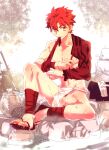  1boy ankle_wrap bulge fate/grand_order fate_(series) fundoshi igote inaho178 japanese_clothes lake mouth_hold partially_submerged red_hair sandals single_bare_shoulder sitting solo sweat testicle_peek toned toned_male wrist_wrap yellow_eyes 