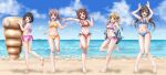  5girls :d alternate_hairstyle armpits arms_up ass back bang_dream! bangs bare_shoulders barefoot beach bikini black_hair blonde_hair blue_bikini blue_eyes blue_jacket blue_sky blunt_bangs blush breasts brown_hair bunny_pose chocolate_cornet cleavage clenched_hands cloud collarbone commentary crossed_bangs day eyebrows_visible_through_hair food food-themed_ornament full_body green_eyes groin group_picture hair_between_eyes hair_cones hair_flaps hair_ornament hairclip hanazono_tae hand_up head_tilt highleg highleg_bikini highres holding ichigaya_arisa inflatable_raft jacket knees_together_feet_apart large_breasts long_hair long_sleeves looking_at_viewer low_ponytail low_twintails medium_breasts multi-strapped_bikini multiple_girls navel ocean off_shoulder open_mouth outdoors outstretched_arm pink_bikini ponytail poppin&#039;party purple_bikini purple_eyes red_bikini red_eyes saateen_(tsubame-project13) shadow short_hair side-tie_bikini sidelocks skindentation sky small_breasts smile standing standing_on_one_leg star_(symbol) star_hair_ornament stomach swimsuit toyama_kasumi twintails upper_teeth ushigome_rimi x_hair_ornament yamabuki_saaya yellow_bikini yellow_eyes 