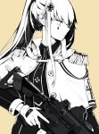  1girl assault_rifle cloak closed_mouth cross_hair_ornament eyebrows_visible_through_hair girls&#039;_frontline gloves greyscale gun h&amp;k_hk416 hair_ornament hk416_(girls&#039;_frontline) holding holding_weapon long_hair looking_away monochrome ponytail rifle serious solo standing umi_okami_kun uniform weapon yellow_background 