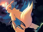  asada_hachi banned_artist claws closed_mouth cloud cloudy_sky commentary creature dutch_angle frown gen_3_pokemon grass looking_at_viewer looking_back outdoors pokemon pokemon_(creature) sky solo standing sun twitter_username watermark zangoose 