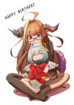  2girls absurdres ahoge amane_kanata amaru_keiichi angel angel_wings barefoot dragon_girl dragon_horns full_body gift glasses grin halo happy_birthday highres hololive horns kiryu_coco looking_at_another multiple_girls no_shoes orange_hair red-framed_eyewear sitting sitting_on_lap sitting_on_person smile star_halo uneven_legwear virtual_youtuber wings 