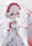  1girl absurdres bangs bare_shoulders bridal_veil closed_mouth dress flower gloves hair_between_eyes hair_flower hair_ornament highres honkai_(series) honkai_impact_3rd kuo_(kuo114514) lipstick looking_at_viewer makeup petals red_flower red_hair red_rose rose smile solo theresa_apocalypse theresa_apocalypse_(luna_kindred) veil wedding_dress white_dress white_gloves white_hair 