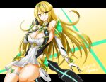  1girl bangs bare_legs bare_shoulders blonde_hair breasts chest_jewel cleavage cleavage_cutout clothing_cutout dress earrings elbow_gloves gloves hisin jewelry large_breasts long_hair mythra_(xenoblade) short_dress solo swept_bangs thigh_strap tiara very_long_hair white_dress white_gloves xenoblade_chronicles_(series) xenoblade_chronicles_2 yellow_eyes 