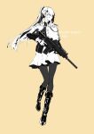  1girl absurdres assault_rifle black_footwear boots character_name cloak closed_mouth cross_hair_ornament eyebrows_visible_through_hair girls&#039;_frontline gloves greyscale gun h&amp;k_hk416 hair_ornament highres hk416_(girls&#039;_frontline) holding holding_weapon long_hair looking_away monochrome pantyhose ponytail rifle serious skirt solo standing umi_okami_kun uniform weapon yellow_background 