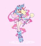  1girl arm_up bare_shoulders blonde_hair blue_footwear boots breasts cleavage cloud dark_magician_girl duel_monster full_body hand_on_headwear hat holding holding_wand long_hair mamobot pastel_colors pink_background solo sparkle standing star_(symbol) wand wizard_hat yu-gi-oh! yu-gi-oh!_duel_monsters 
