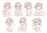  angry bangs bare_shoulders blush breasts bridal_veil brown_hair character_sheet cleavage dress expressions gloves hair_over_one_eye happy highres honkai_(series) honkai_impact_3rd purple_eyes rita_rossweisse rita_rossweisse_(artemis) shaded_face short_hair simple_background veil wedding wedding_dress white_background white_dress white_gloves yougen_kitsune 