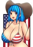  1girl american_flag american_flag_background american_flag_bikini american_flag_print bikini blue_hair breasts cleavage cowboy_hat erkaz eyebrows eyebrows_visible_through_hair flag_print fourth_of_july happy hat headband highres huge_breasts navel open_mouth original red_eyes rina_atherina smile swimsuit white_headband 