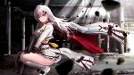  1girl bangs black_gloves breasts cloak closed_mouth eyebrows_visible_through_hair gibun_(sozoshu) girls&#039;_frontline gloves highres holding holding_weapon iws_2000_(girls&#039;_frontline) long_hair looking_at_viewer red_eyes ruins shoes silver_hair sitting skirt socks solo thighs uniform weapon white_cloak white_footwear white_legwear white_skirt 