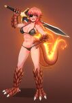  1girl :d abs animal_feet animal_hands bangs bare_shoulders bikini black_bikini breasts brown_background claws collarbone commentary commission english_commentary eyepatch fangs fiery_tail fire frenchthenhen full_body gradient_hair hand_on_hip head_fins highres huge_weapon large_breasts legs_apart lizard_girl lizard_tail looking_at_viewer monster_girl monster_girl_encyclopedia multicolored_hair navel open_mouth orange_hair over_shoulder paws red_eyes red_hair salamander_(monster_girl_encyclopedia) scales scar simple_background smile solo standing stomach swimsuit sword sword_over_shoulder tail toned weapon weapon_over_shoulder 
