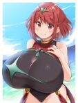  1girl bangs black_swimsuit breasts chest_jewel competition_swimsuit covered_collarbone covered_navel gigantic_breasts headpiece highres kurokaze_no_sora one-piece_swimsuit pyra_(pro_swimmer)_(xenoblade) pyra_(xenoblade) red_hair red_swimsuit solo strapless strapless_swimsuit swept_bangs swimsuit tiara two-tone_swimsuit xenoblade_chronicles_(series) xenoblade_chronicles_2 