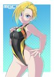  1girl absurdres alto-00 blonde_hair blue_background blue_eyes breasts competition_swimsuit cowboy_shot goggles goggles_around_neck hand_on_hip highres looking_at_viewer magicami one-piece_swimsuit short_hair small_breasts smile solo swimsuit yukifune_eriza 