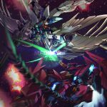  armor battle beam_rifle beam_saber brayanong999 buster_rifle clash energy_gun energy_sword feathers fighting glowing glowing_eyes green_eyes gundam gundam_epyon gundam_wing gundam_wing_endless_waltz highres holding holding_weapon mecha mechanical_wings no_humans sword v-fin weapon whip wing_gundam_zero_custom wings 