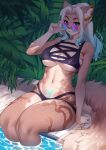  1girl animal_ears animal_nose aqua_eyes arm_support bikini blue_hair breasts commission furry glasses gradient_hair highres iwbitu-sa large_breasts long_hair multicolored_hair navel original plant poolside sidelocks sitting smile soaking_feet solo swimsuit tail white_hair 