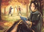  3boys akr369akr armor autumn black_dress black_hair blue_hair book boyd_(fire_emblem) cape day dress facial_mark fire_emblem fire_emblem:_path_of_radiance forest green_hair green_pants headband holding holding_stick ike_(fire_emblem) long_hair long_sleeves male_focus multiple_boys nature orange_shirt outdoors pants reading red_eyes shiny shiny_hair shirt short_hair shoulder_armor soren_(fire_emblem) stick very_long_hair white_pants 