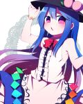  1girl bangs black_headwear blue_hair blue_skirt bow bowtie bracelet center_frills cowboy_shot eyebrows_visible_through_hair food frilled_skirt frills fruit hand_on_headwear highres hinanawi_tenshi jewelry leaf long_hair looking_at_viewer open_mouth peach pink_eyes rainbow_order red_bow red_neckwear skirt sleeveless solo standing touhou white_background you_(noanoamoemoe) 