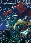  1boy action apoloniodraws boku_no_hero_academia highres male_focus marvel shounen_jump silk spider-man spider_web superhero swinging 