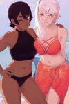  2girls ;3 abs andrea_vaeyl artist_name bangs bare_shoulders blue_eyes breasts collarbone commentary dark-skinned_female dark_skin earrings english_commentary hair_between_eyes hair_ornament hairclip hand_on_another&#039;s_shoulder hand_on_hip jewelry k&#039;lyn kickboard large_breasts long_hair looking_at_viewer midriff multiple_girls navel one_eye_closed original pink_nails razalor sarong short_hair side_ponytail smile stud_earrings toned yellow_eyes 