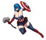  1girl :o adapted_costume avengers avengers:_endgame blue_hair blue_legwear breasts captain_america captain_america_(cosplay) captain_america_(series) cleavage cosplay erkaz fourth_of_july gloves hammer highres huge_breasts marvel mjolnir open_mouth original pouch red_eyes red_footwear red_gloves rina_atherina shield simple_background skirt superhero white_background 