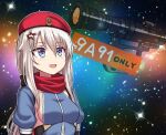  1girl 9a-91_(girls&#039;_frontline) :d bangs beret blue_eyes bow breasts character_name eyebrows_visible_through_hair girls&#039;_frontline hair_between_eyes hair_bow hair_ornament hat juliet_sleeves long_hair long_sleeves looking_up medium_breasts meme open_mouth puffy_sleeves red_headwear red_scarf scarf scope sideboob sidelocks silver_hair smile solo space space_cat_(meme) star_(sky) star_(symbol) star_hair_ornament yakob_labo 
