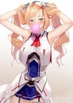  1girl absurdres armpits arms_up bangs blonde_hair blue_eyes blush breast_pocket breasts bubble_blowing chewing_gum drill_hair garter_straps gradient gradient_background hair_between_eyes hands_in_hair headgear highres honolulu_(kancolle) kantai_collection large_breasts long_hair looking_at_viewer necktie pallad pleated_skirt pocket red_neckwear simple_background skirt sleeveless solo twin_drills twintails 