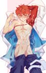  1boy abs arms_up blush clothes_pull cum cum_on_body cum_on_boy cum_on_pectorals facial fate/grand_order fate_(series) from_above haori haori_removed igote inaho178 japanese_clothes knee_up lying magic_circuit male_focus on_back pants pants_pull pectorals red_hair sengo_muramasa_(fate) shirtless single_bare_shoulder solo toned toned_male yellow_eyes 