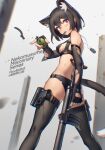  absurdres animal_ear_fluff animal_ears artist_name bilibili_xiaolu black_bra black_hair black_legwear black_panties blush bra breasts cat_ears cat_girl chinese_commentary dog_tags elbow_gloves extra_ears facing_away feet_out_of_frame fingerless_gloves gloves grey_background gun highres holding holding_grenade holding_gun holding_weapon holster looking_at_viewer looking_back medium_breasts o-ring o-ring_bottom o-ring_panties original panties purple_eyes short_hair standing sweat teeth_hold thigh_holster thighhighs torn_clothes torn_gloves underwear weapon 
