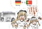  &gt;_&lt; 4girls ahoge alternate_costume arms_up bangs bismarck_(kancolle) blonde_hair blunt_bangs blush breasts clenched_hands detached_sleeves euro_2020 eyebrows_visible_through_hair face_of_the_people_who_sank_all_their_money_into_the_fx fang flag german_flag glasses hat highres kantai_collection kongou_(kancolle) long_hair meme multiple_girls open_mouth peaked_cap pince-nez portuguese_flag prinz_eugen_(kancolle) roma_(kancolle) short_hair short_sleeves simple_background soccer sportswear suda_(yuunagi_enikki) sweat translation_request twintails white_background 