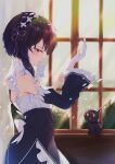  1girl absurdres adjusting_clothes adjusting_gloves bangs black_hair black_sleeves chomusuke detached_sleeves flower from_side gloves hair_between_eyes hair_flower hair_ornament hair_ribbon head_wreath highres huge_filesize kono_subarashii_sekai_ni_shukufuku_wo! long_sleeves megumin mouth_hold pom_illust1561 purple_ribbon re:zero_kara_hajimeru_isekai_seikatsu red_eyes ribbon roswaal_mansion_maid_uniform shiny shiny_hair short_hair_with_long_locks sidelocks single_glove solo standing sunlight underbust white_flower white_gloves 