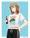  1girl alcohol beer beer_bottle blue_background border bottle brown_hair bucket_hat cigarette clothes_writing collarbone commentary commission cowboy_shot darkpulsegg english_commentary english_text fish girls&#039;_frontline green_eyes hair_ribbon hair_rings hand_on_hip hat holding holding_bottle holding_cigarette light_blush looking_at_viewer midriff_peek navel pants ribbon shirt short_sleeves signature smile springfield_(girls&#039;_frontline) t-shirt track_pants white_border white_shirt 