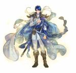  1boy armor bangs belt blue_eyes blue_hair boots cape collar cravat fire_emblem fire_emblem:_genealogy_of_the_holy_war fire_emblem_heroes full_body long_sleeves male_focus official_art sheath shiny short_hair shoulder_armor sigurd_(fire_emblem) solo suzuki_rika 