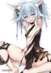  1girl :d animal_ears armpits arms_behind_head arms_up bare_legs black_dress black_gloves black_ribbon blue_eyes blue_ribbon blush breasts dress elbow_gloves fang fox_ears fox_girl girls&#039;_frontline gloves groin hair_between_eyes hair_ribbon highres knees_apart_feet_together leg_ribbon legs legs_folded long_hair looking_at_viewer midriff navel nervous_smile no_bra no_panties open_mouth pa-15_(girls&#039;_frontline) ribbon silver_hair simple_background sitting small_breasts smile solo spread_legs thighs torn_clothes torn_dress twintails vahn_yourdoom white_background 