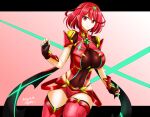  1girl bangs black_gloves breasts chest_jewel earrings fingerless_gloves gloves hisin jewelry large_breasts pyra_(xenoblade) red_eyes red_hair red_legwear red_shorts short_hair short_shorts shorts solo swept_bangs thighhighs tiara xenoblade_chronicles_(series) xenoblade_chronicles_2 