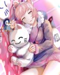  1girl bed bird cat_pillow headband highres looking_at_viewer mebuki_(moon_angel_4) niconico nqrse open_mouth penguin pink_eyes pink_hair pink_skirt shirt short_hair skirt smile solo utaite_(singer) 