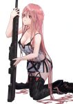  1girl absurdres black_bra black_legwear blush boots bra bra_strap breasts cleavage closed_mouth collarbone eyebrows_visible_through_hair girls&#039;_frontline hanabusaraleigh highres holding holding_weapon long_hair looking_at_viewer m82a1_(girls&#039;_frontline) medium_breasts pink_eyes pink_hair sitting_on_floor solo thighhighs underwear weapon white_background 