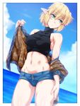  1girl blonde_hair blue_shorts blue_sky breasts cloud commentary_request day eyebrows_visible_through_hair green_eyes hair_between_eyes looking_to_the_side medium_breasts midriff mizuhashi_parsee navel ocean ootsuki_wataru pointy_ears short_hair short_shorts shorts sky solo thighs touhou 