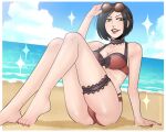  1girl ada_wong beach bikini black_hair blush breasts brown_eyes choker cleavage dangerousbride highres large_breasts looking_at_viewer medium_breasts resident_evil resident_evil_2 short_hair solo sunglasses swimsuit 