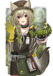  1girl 2021 :d animal_ears arknights artist_name bangs beanstalk_(arknights) belt black_headwear blue_sealad blush braid cowboy_shot ears_through_headwear eyebrows_visible_through_hair fedora gloves grey_hair grey_shirt hair_between_eyes hat highres long_hair looking_at_viewer metal_crab_(arknights) open_mouth red_eyes shirt single_braid single_glove smile solo standing tail yellow_gloves 