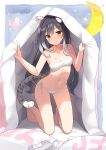  1girl animal_ear_fluff animal_ears bandeau bangs bare_arms bare_legs bare_shoulders barefoot bikini black_hair blanket blush breasts cleavage closed_mouth commentary_request crescent crescent_moon eyebrows_visible_through_hair frilled_pillow frills full_body hair_between_eyes heart highres kneeling kutata long_hair looking_at_viewer moon multicolored_hair navel pillow princess_connect! ribbon shiori_(princess_connect!) side-tie_bikini silver_hair small_breasts smile solo star_(symbol) stomach strapless strapless_bikini streaked_hair swimsuit tail tiger_ears tiger_girl tiger_tail two-tone_hair under_covers very_long_hair white_bikini white_ribbon yellow_eyes yes yes-no_pillow 
