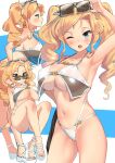  1girl bangs bikini blonde_hair blue_eyes blush breasts casual_one-piece_swimsuit cleavage collarbone commentary_request crossed_legs drill_hair eyewear_on_head hand_on_hip headgear highres honolulu_(kancolle) kantai_collection large_breasts long_hair multiple_views navel one-piece_swimsuit one_eye_closed open_mouth osananajimi_neko sidelocks simple_background smile standing sunglasses swimsuit thighhighs toeless_footwear twin_drills twintails two-tone_background white_footwear white_swimsuit 