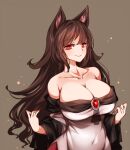  1girl animal_ears bangs bare_shoulders breasts brown_background brown_hair cleavage closed_mouth collarbone eyebrows_visible_through_hair eyelashes fingernails flipped_hair highres huge_breasts imaizumi_kagerou long_fingernails long_hair long_sleeves looking_at_viewer nail_polish off-shoulder_shirt off_shoulder raptor7 red_eyes sharp_fingernails shirt smile solo swept_bangs touhou upper_body very_long_hair wolf_ears 