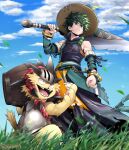  1boy animal armor bakugou_katsuki bare_shoulders barrel boku_no_hero_academia breastplate cat claws clenched_hand closed_mouth clothing_request cloud commentary_request copyright_request day detached_sleeves fangs from_below grass green_eyes green_hair hat hat_feather helmet highres holding holding_sword holding_weapon horns male_focus midoriya_izuku open_mouth outdoors over_shoulder serious sharp_teeth short_hair sword teeth tonomayo torn_clothes twitter_username weapon weapon_over_shoulder 