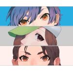  3girls absurdres baseball_cap blue_background blue_hair brown_eyes brown_hair gaen_izuko gaen_tooe green_headwear grey_background hair_ornament hair_over_one_eye hairclip hat highres je8 kanbaru_suruga looking_at_viewer monogatari_(series) multiple_girls orange_eyes pink_background thick_eyebrows zoku_owarimonogatari 