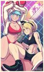  2girls bangs black_sports_bra blonde_hair blue_eyes blue_hair bottle boxing_gloves breasts cleavage derpixon drink frown green_eyes gym hairband heart highres holding holding_drink jacket large_breasts looking_at_viewer midriff multicolored multicolored_background multiple_girls muscular muscular_female navel neon_lights original palm_tree pixen_(derpixon) red_sports_bra shoes sitting small_breasts smile sport sports_bra sportswear striped_jacket sweat teeth tied_hair tile_floor tiles tree water_bottle white_jacket ydelle_(derpixon) 