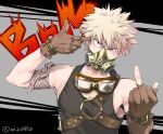  1boy bakugou_katsuki bangs bare_shoulders belt black_background blonde_hair boku_no_hero_academia brown_belt brown_gloves collarbone commentary_request eyebrows_visible_through_hair finger_gun finger_gun_to_head gloves goggles goggles_on_head grey_background hand_up jewelry looking_at_viewer male_focus mask middle_finger mouth_mask necklace o-ring open_mouth red_eyes sleeveless smile solo spiked_hair tonomayo twitter_username upper_body 