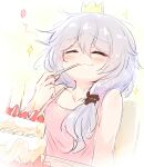  1girl bangs birthday birthday_cake blush cake candle chair_tipping closed_eyes closed_mouth crown diaoxian_kuangmo eating food food_in_mouth food_on_face hair_between_eyes happy highres holding honkai_(series) honkai_impact_3rd messy_hair pink_shirt shirt side_ponytail sitting solo spoon theresa_apocalypse utensil_in_mouth white_hair 