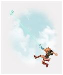  1boy blonde_hair bug gloves highres holding jewelry link long_hair male_focus monster_hunter_(series) monster_hunter_rise nin_nakajima pointy_ears simple_background sky solo the_legend_of_zelda the_legend_of_zelda:_breath_of_the_wild the_legend_of_zelda:_breath_of_the_wild_2 